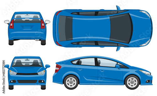 Blue car vector template with simple colors without gradients and effects. View from side, front, back, and top