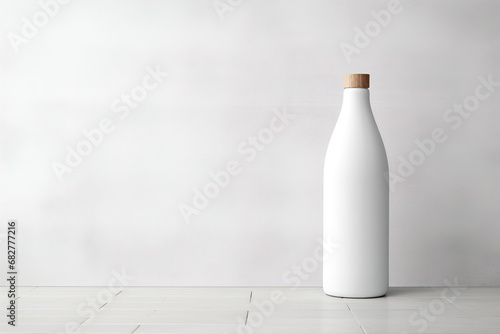 White bottle sitting on top of a wooden table. Generative Ai  © Shades3d