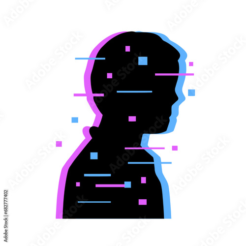 Distorted Glitch Avatar. Digital Silhouette of people. Retro glow VHS effect Human. Cyber profile of computer user. Anonymous hacker avatar isolated on white background