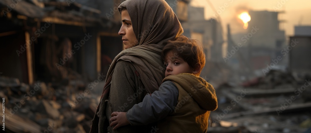 Woman carrying child in devastated urban area at sunset. Human resilience and survival. Woman carrying child in devastated urban area at sunset. Human resilience and survival.