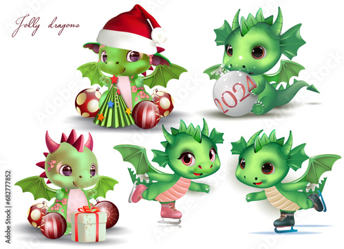 Set of cute little dragons. Symbol of 2024