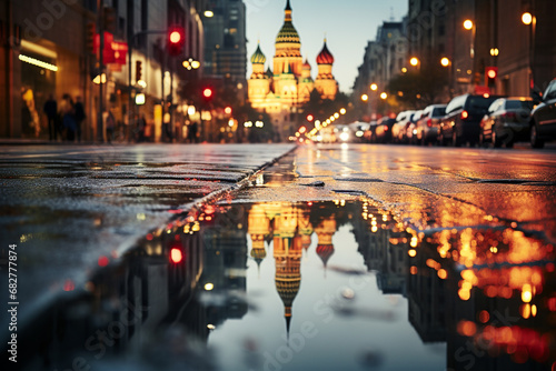 multicolor urban atmosphere of rain falling in a city, with rain-slicked streets, reflections in puddles, and warm glow of city lights contrasting against wet backdrop