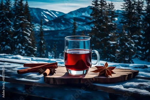 A glass of mulled red wine with cinnamon on old rustic wooden plank against blue background with winter landscape