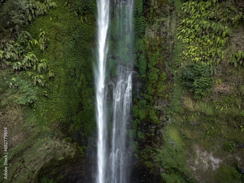 Aerial view of the Coban Rondo waterfall in Batu  East Java  Indonesia
