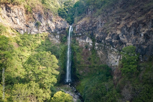 Aerial view of the Coban Rondo waterfall in Batu, East Java, Indonesia