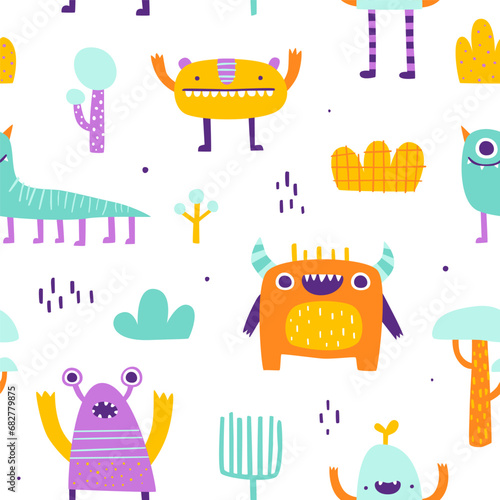 Cute pattern with funny monsters for baby. Abstract vector print with naive doodle creatures for kids textile.