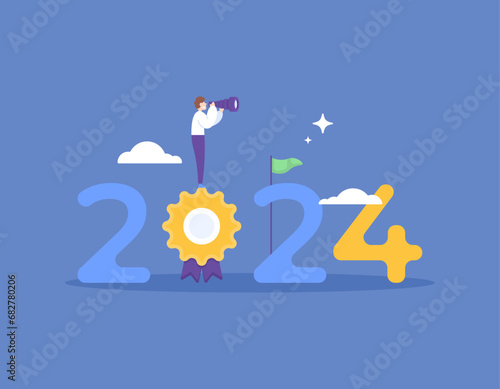 concepts of Visionary and achievements. see opportunities for success and achievement. Looking for paths, strategies, and plans. Success in 2024. business forecasting. stand on the medal. New Year