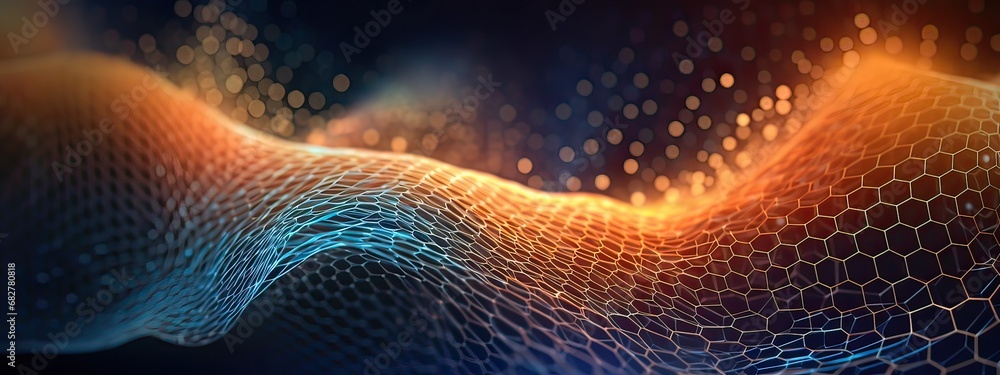 Abstract tech background with illuminated fiber optic connections, quantum computing network system and electronic global intelligence - obrazy, fototapety, plakaty 