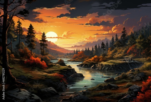 Sunset Serenity: River Flowing Through Forest © DigitalMuse