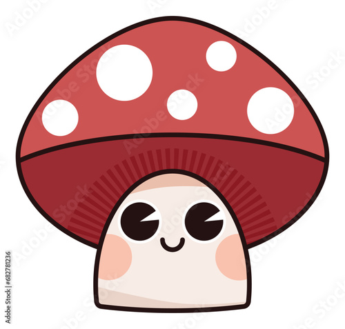 Illustration d'un mignon petit champignon au chapeau rouge à pois blancs, personnage enfantin avec de grands yeux, un sourire et des joues roses, traits de contour épais style dessin animé
