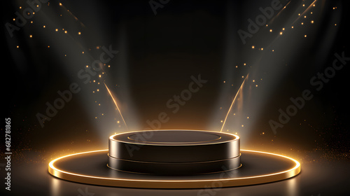 Gold podium on dark background with smoke. Empty pedestal for award ceremony. Platform illuminated by spotlights. Vector illustration. Generative AI.