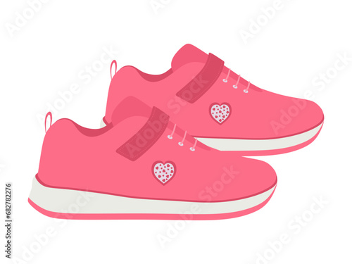 Shoes Kid Sneakers Vector. Flat illustration of pink pair baby shoes with hearts isolated on white background. Fashion casual footwear for girls. Children's or kids sneaker in cartoon style. Vector