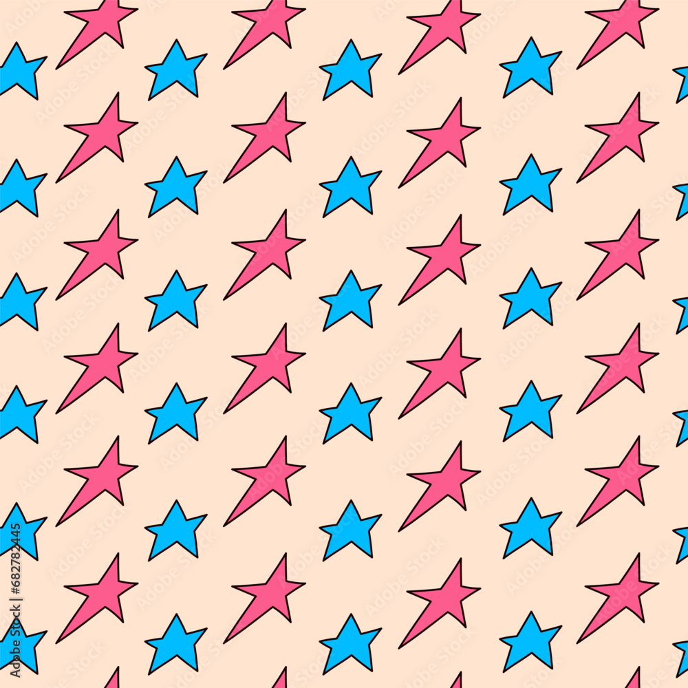 Seamless stars pattern in doodle style. Pink and blue shapes. Vector illustration. Seamless stars pattern in doodle style. Pink and blue shapes. Vector illustration.
