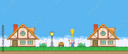 8bit colorful simple vector pixel art horizontal illustration of cartoon quest sorcerer, druid, seer between the houses near the treasure chest in retro video game platformer level style