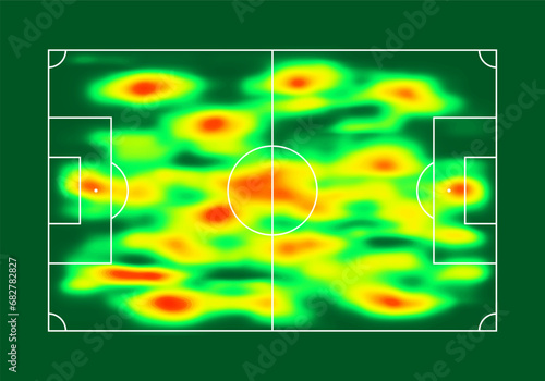 Heat map on soccer field. Player movement data. Vector illustration.