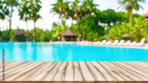 Empty wooden deck on a blurred background of swimming pool in a tropical resort for design,display or montage your products.Summer, travel, relax,vacation concept.Generative AI