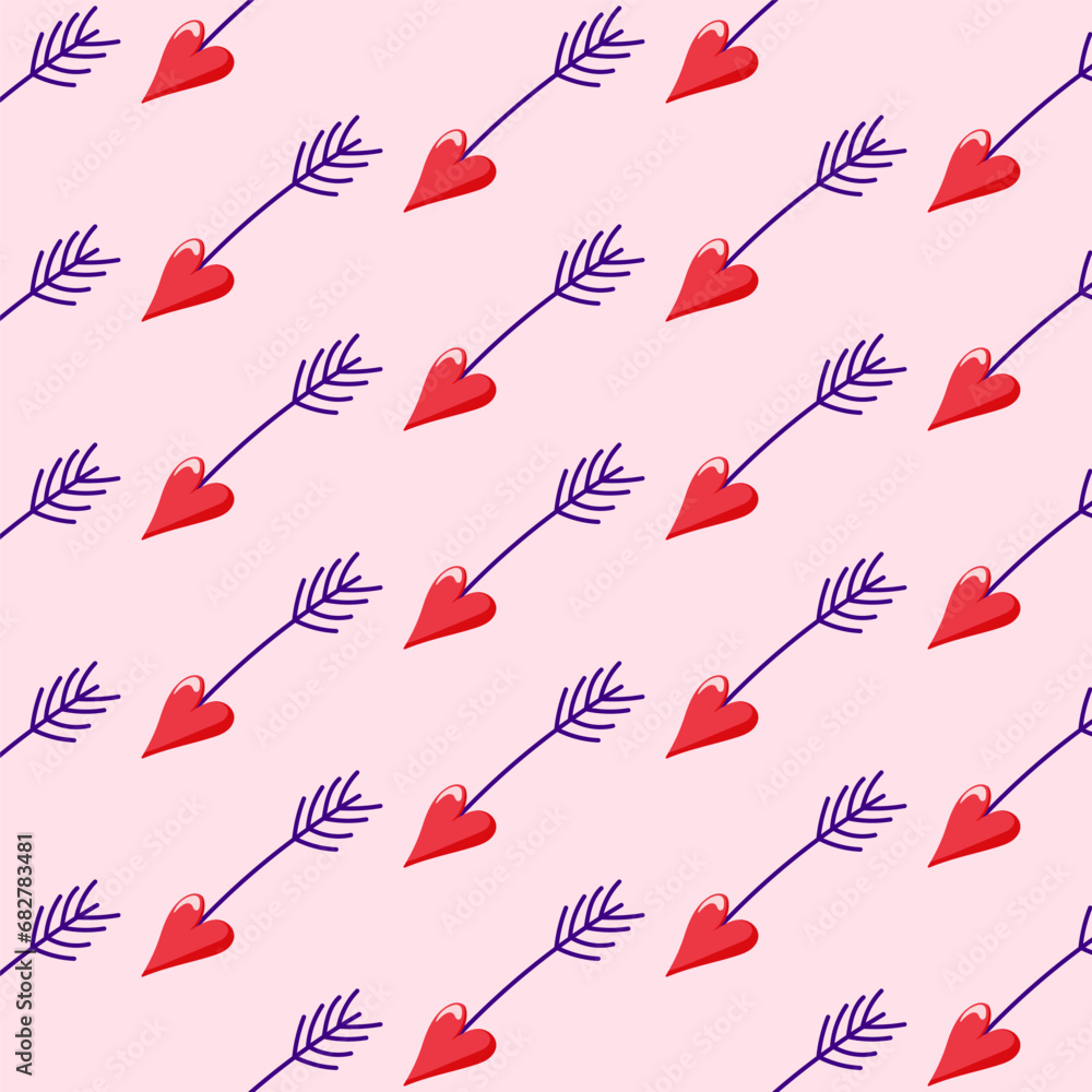 Fototapeta premium Cupids arrows seamless pattern in cartoon style. Cute arrows with hearts for Valentines Day. Vector illustration on a pink.