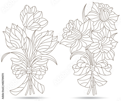 Set of contour illustrations in stained glass style with bouquets of daffodils and tulips, dark outlines on a white background