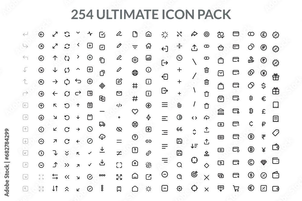 Set of 250+ modern thin line icons. Outline isolated signs for mobile and web. High quality pictograms. Linear icons set of business, medical, UI and UX, media, money, travel, etc.