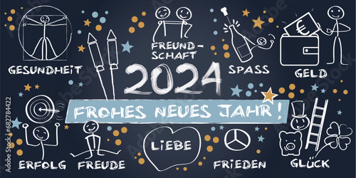 Canvas Print Frohes neues Jahr 2024 - gezeichnete Strichfiguren auf schwarzem Hintergrund - d