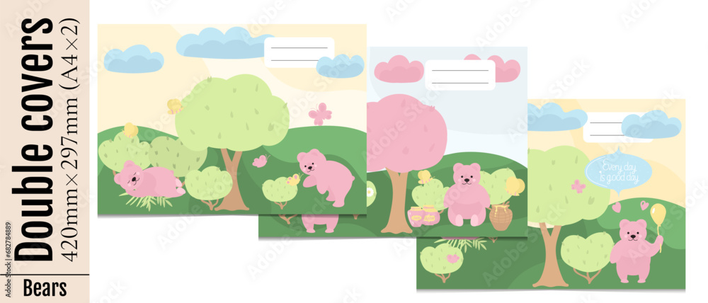 Set of three double covers for printing in vertical A4 format. Cute covers with cartoon pink bears, trees, bushes, clouds for kids pads, notebooks, albums. Isolated on white background.