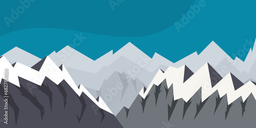 Panoramic view of the mountains. Flat illustration in blue tones. Horizontal background with mountain range, with snow-capped peaks. High-mountain landscape. Minimalistic illustration.