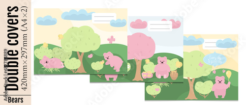Set of three double covers for printing in vertical A4 format. Cute covers with cartoon pink bears, trees, bushes, clouds for kids pads, notebooks, albums. Isolated on white background.