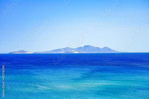 View of the landscape and the Mediterranean Sea from a mountain on the Greek island of Kos. 