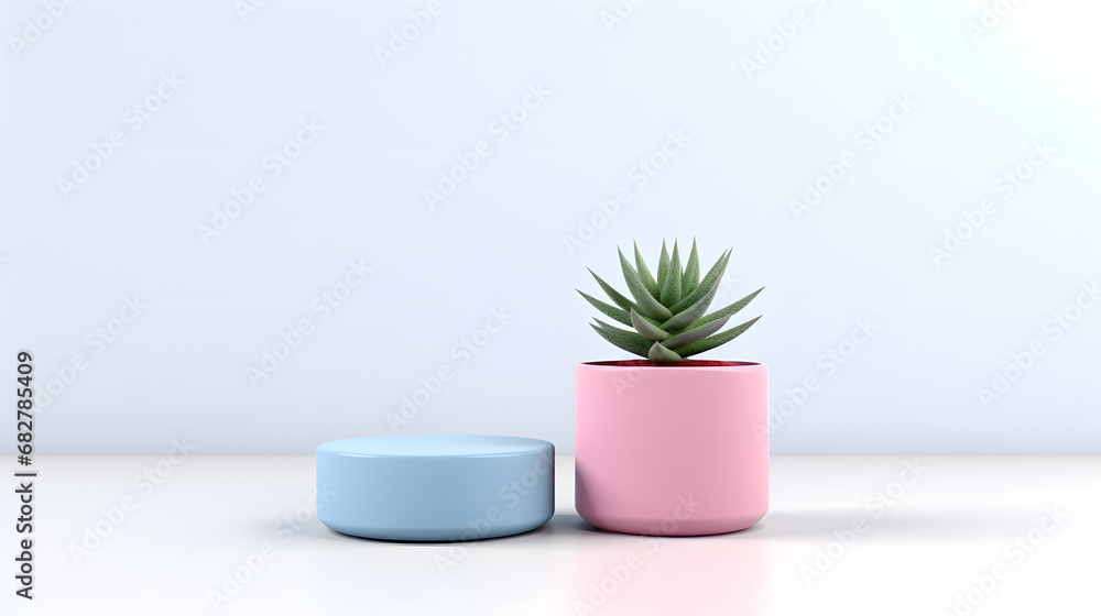 Studio shot of blue pedestals and single pink colored succulent plant, 3D isolated on white background. Generative AI. Studio shot of blue pedestals and single pink colored succulent plant, 3D isolated on white background. Generative AI.