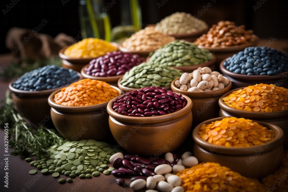Variety of beans in bowls on wooden background. pulses. Selective focus.