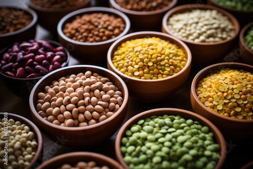 Variety of beans in bowls on wooden background. pulses. Selective focus. © Kristina