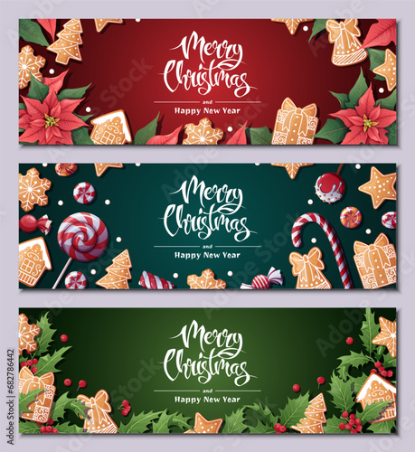 Set of Festive banner with fir branches, gingerbread cookies, candies, poinsettia, holly. Christmas background with gingerbread. Suitable for greeting cards, banners, posters, flyers for New Year