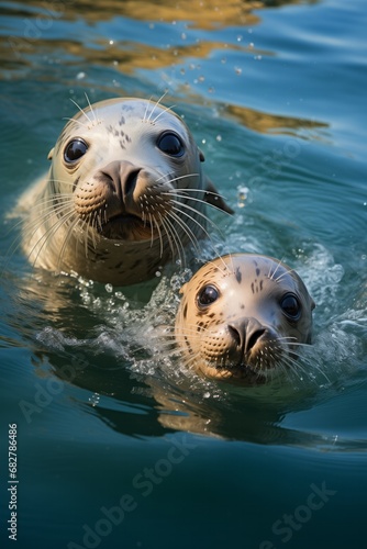 Baby sea lion and mother seal swimming underwater in the ocean. Animal portrait.
