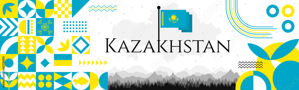 Kazakhstan Independence Day banner with name and map. Flag color themed Geometric abstract retro modern Design. Blue and Yellow color vector illustration template graphic design.