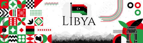 Libya Independence Day banner with name and map. Flag color themed Geometric abstract retro modern Design. Red, green, White and black color vector illustration template graphic design.