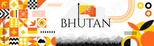 Bhutan National Day banner with name and map. Flag color themed Geometric abstract retro modern Design. orange and yellow color vector illustration template graphic design.