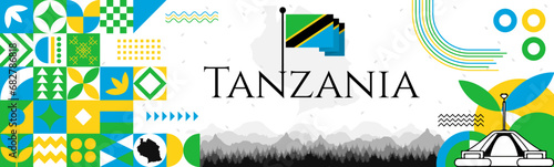Tanzania Independence Day banner with name and map. Flag color themed Geometric abstract retro modern Design. Green, Blue, yellow and black color vector illustration template graphic design.
