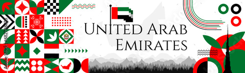United Arab Emirates National Day banner with name and map. Flag color themed Geometric abstract retro modern Design. Red, White and black color vector illustration template graphic design.