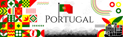 Portugal Restoration of Independence Day banner with name and map. Flag color themed Geometric abstract retro modern Design. Red and Green color vector illustration template graphic design.