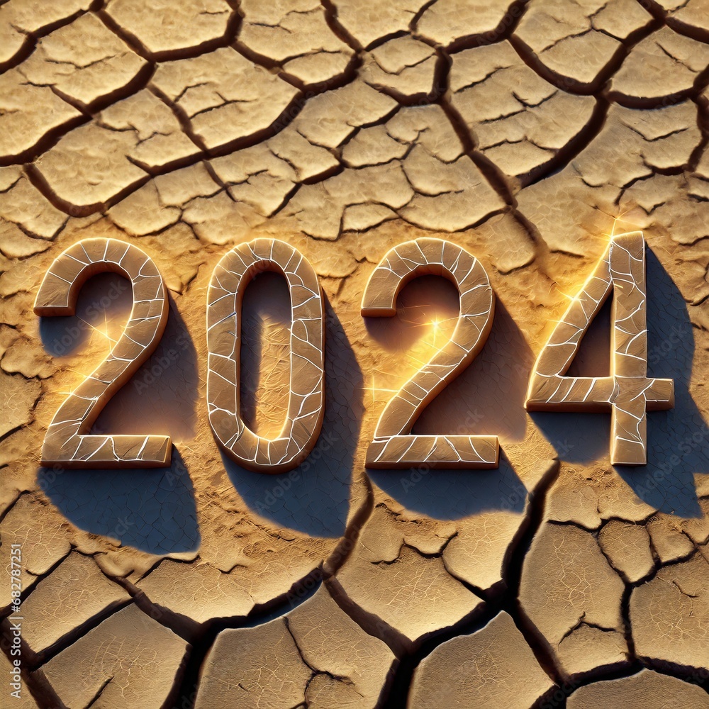 Napis 2024 na suchej, spękanej ziemi. Motyw pogłębiającej się globalnej suszy, ochrony środowiska i zasobów wodnych w nadchodzącym roku - obrazy, fototapety, plakaty 