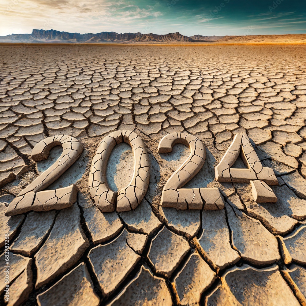 Napis 2024 na suchej, spękanej ziemi. Motyw pogłębiającej się globalnej suszy, ochrony środowiska i zasobów wodnych w nadchodzącym roku - obrazy, fototapety, plakaty 