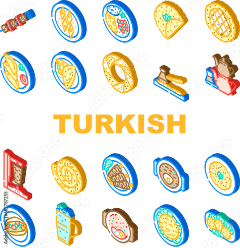 turkish cuisine food dinner icons set vector. restaurant meal, traditional delicious, gourmet dish, table, arab, plate, meat lunch turkish cuisine food dinner isometric sign illustrations