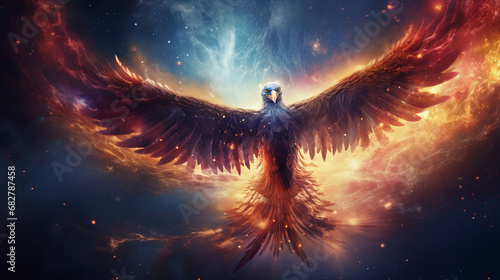 Adorable phoenix bird with majestic wings spread graces fantastical cosmic landscape signifies eternal cycle of renewal, mystical journey and symbolism of rebirth and reincarnation photo