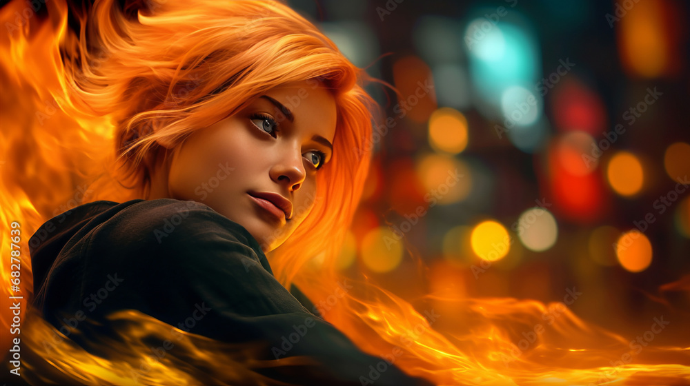 Charming red haired girl with fiery plume embodying fierce and vibrant essence of womanhood, attractive young ginger woman portrait symbolizing unbridled intensity of passion