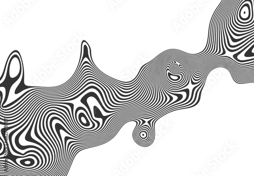 Black and white abstract poster with textured liquid pattern design and optical interference effect of the illusion of movement