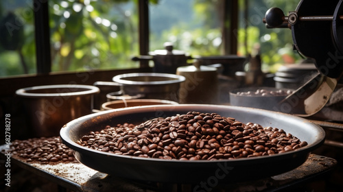 Premium brown roast raw coffee beans filled in bowls, processing in a grinding mill and brew powder making traditional method 