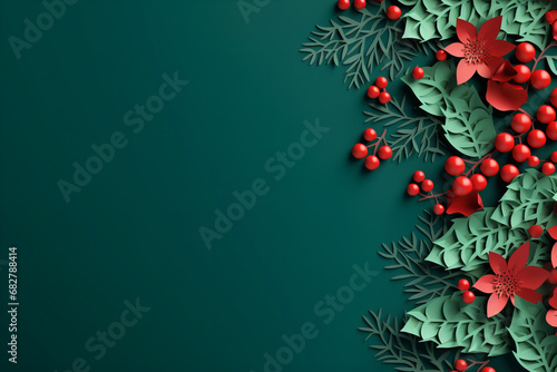 holly and poinsettia floral Christmas border papercut style, red and green colors with glitter and copy space, flat lay