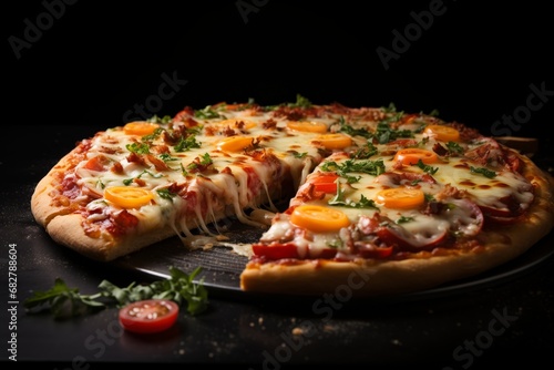 Pizza with mozzarella, tomatoes and mushrooms on a wooden board