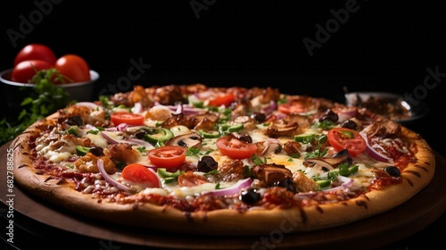 Pizza with mozzarella, tomatoes and mushrooms on a wooden board