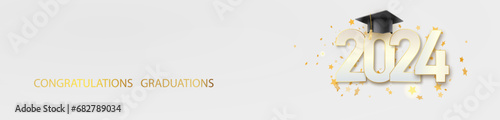 2024 Graduate college, high school or university cap with gold Congrats Class of 2024 background. Vector